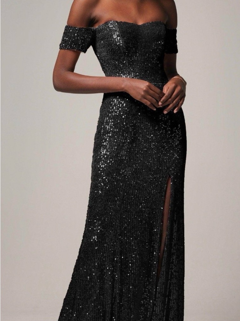 One-Shoulder Black Sequin Evening Gown with Side Slit